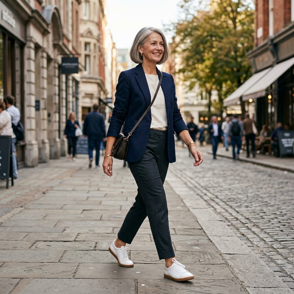 48. Navy Blazer with White Sneakers