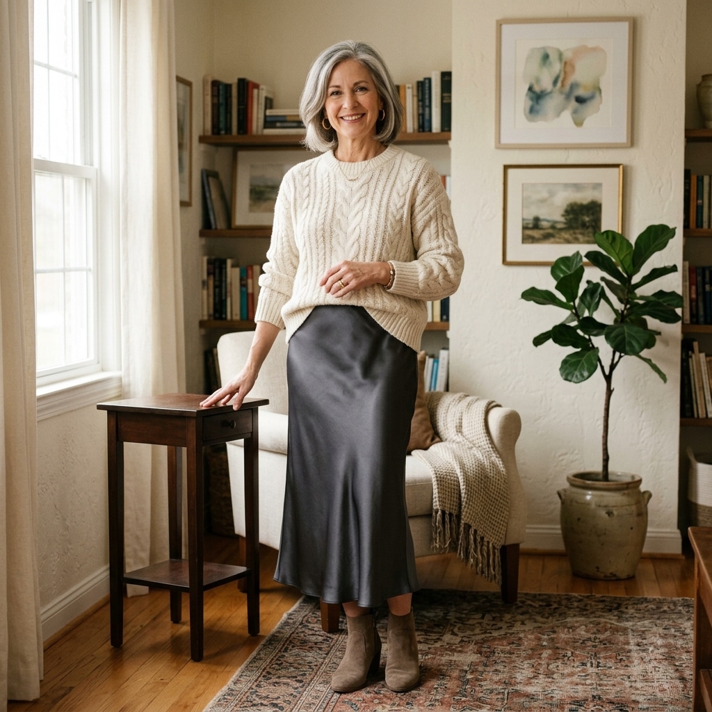 47. Satin Midi Skirt with a Knit Sweater