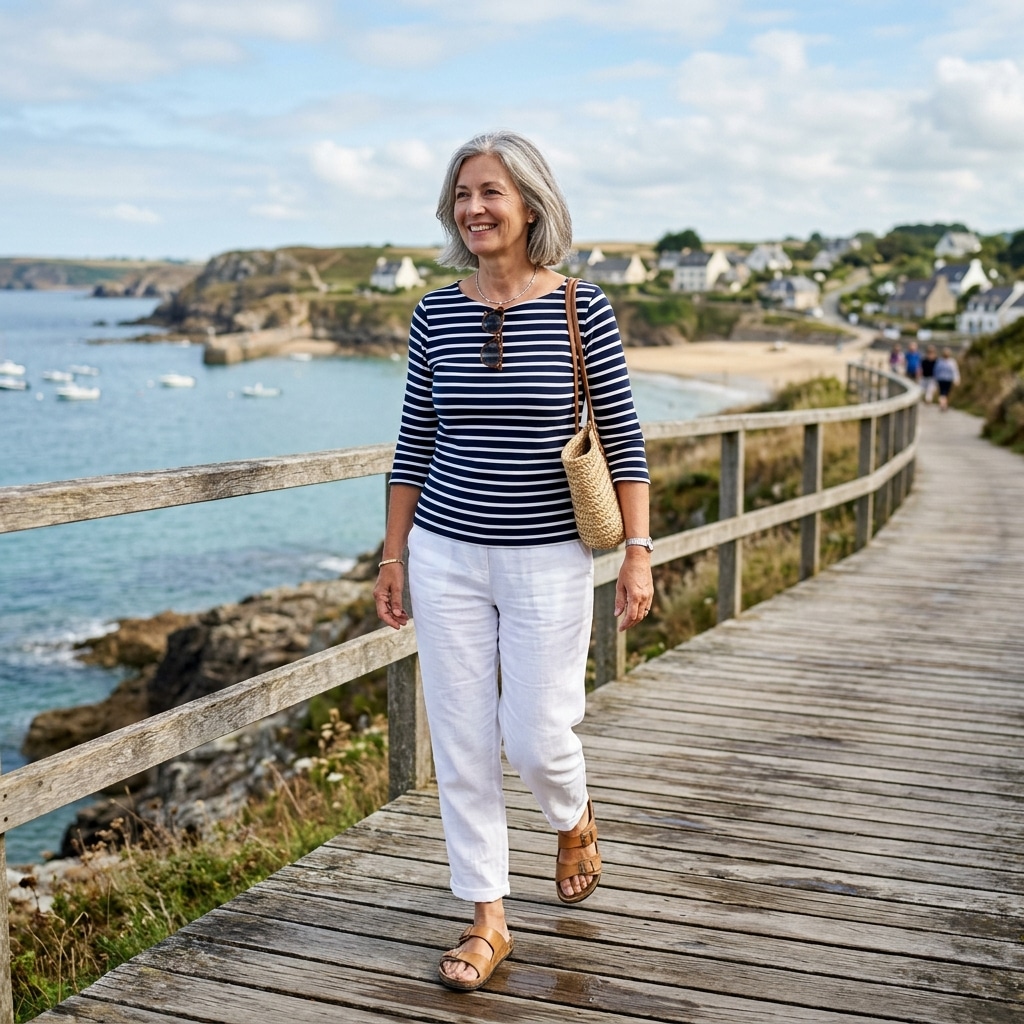 44. Relaxed White Pants with a Breton Stripe Top
