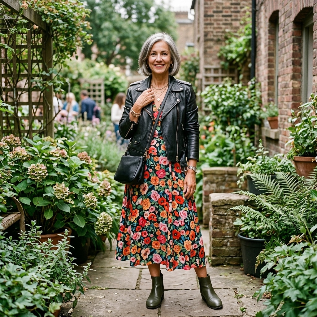 43. Leather Jacket Over a Floral Midi Dress
