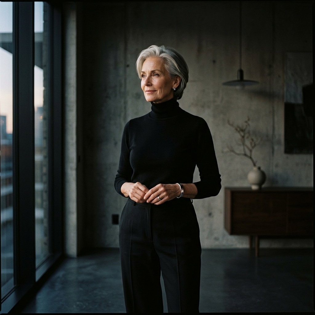 41. Monochrome Black Turtleneck and Trousers