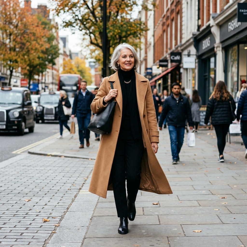 39. Long Camel Coat Over an All-Black Outfit