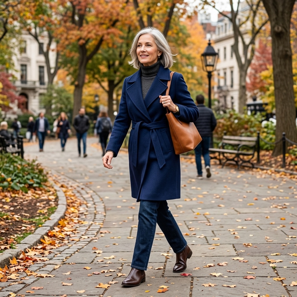 34. Dark Wash Jeans with a Structured Coat