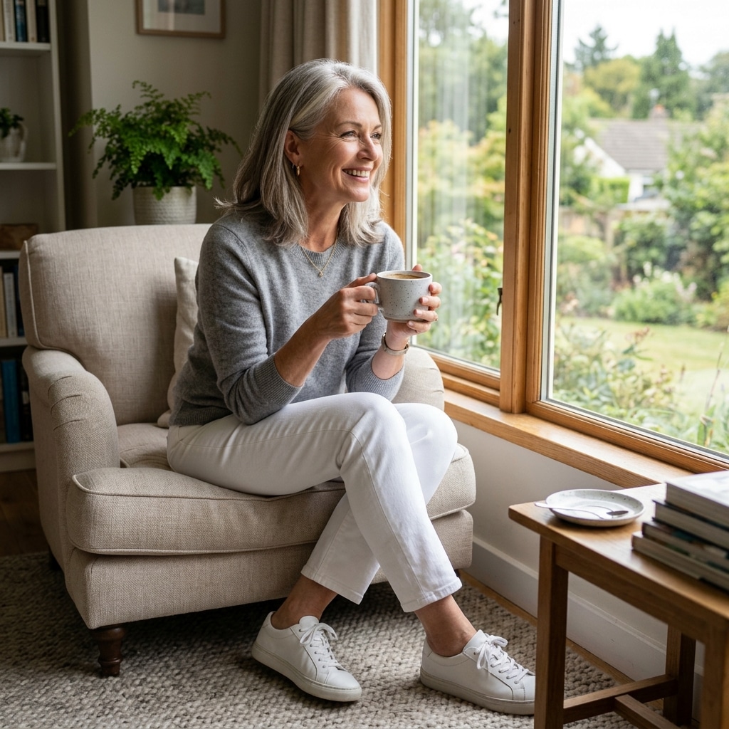 32. Soft Gray Sweater with White Jeans