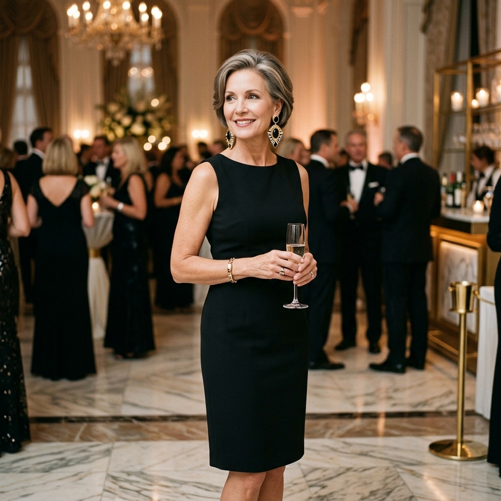 31. Sleeveless Black Dress with Statement Earrings