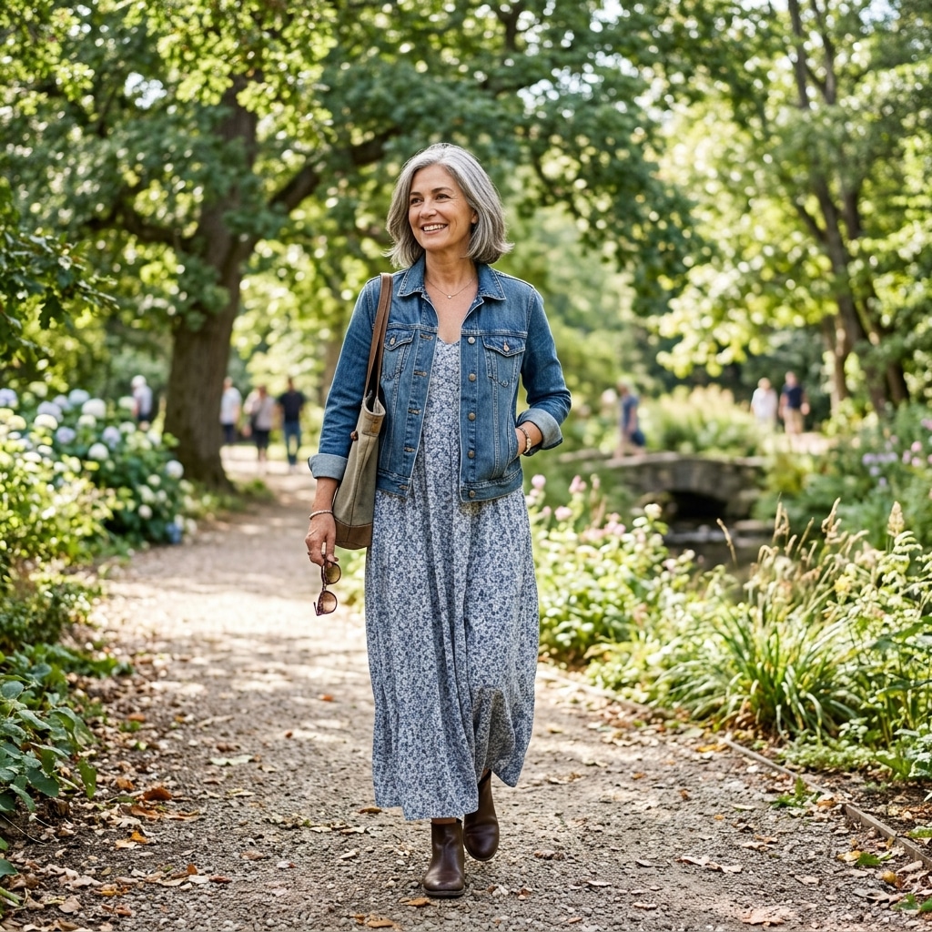 27. Denim Jacket Over a Maxi Dress