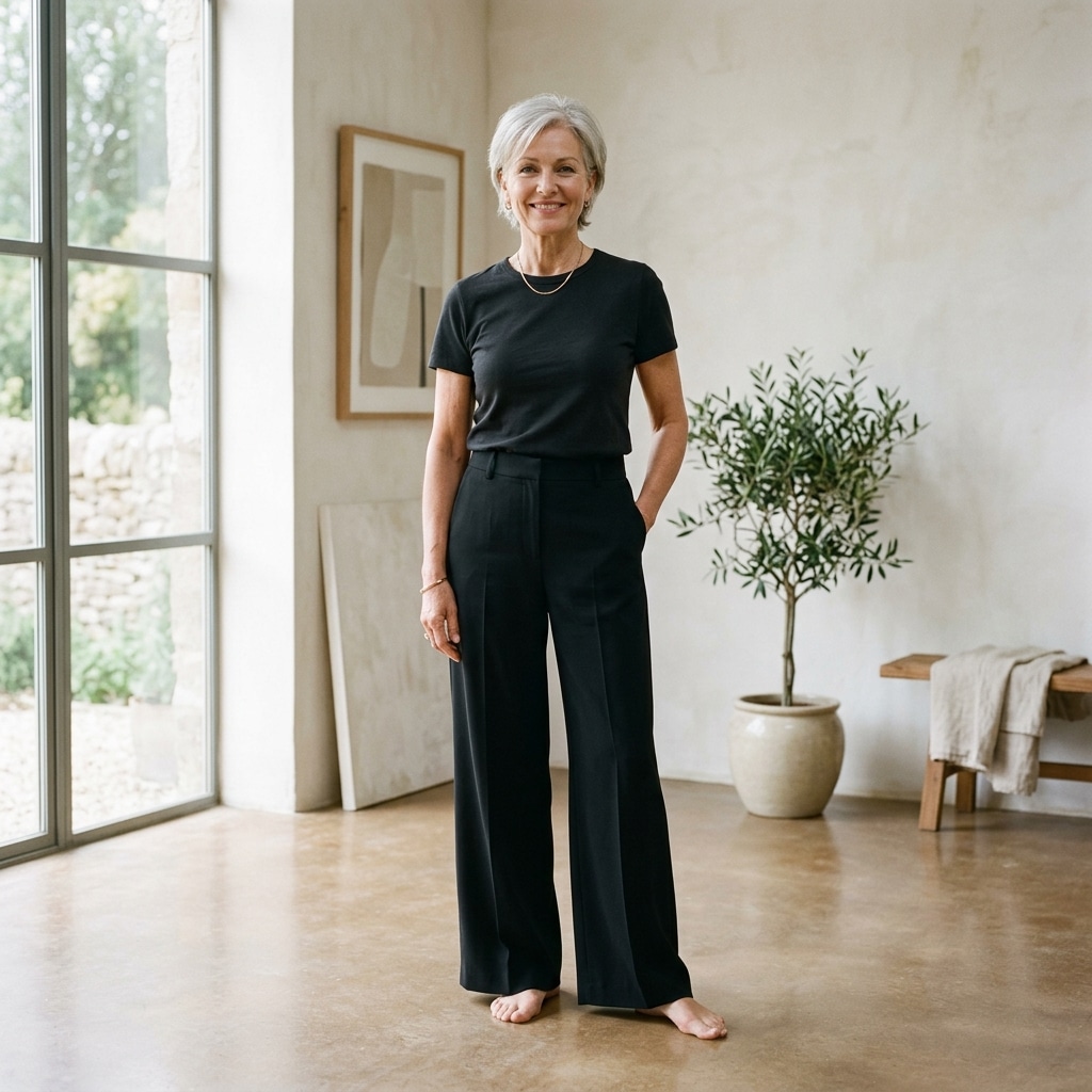 26. Wide-Leg Black Pants with a Fitted Tee