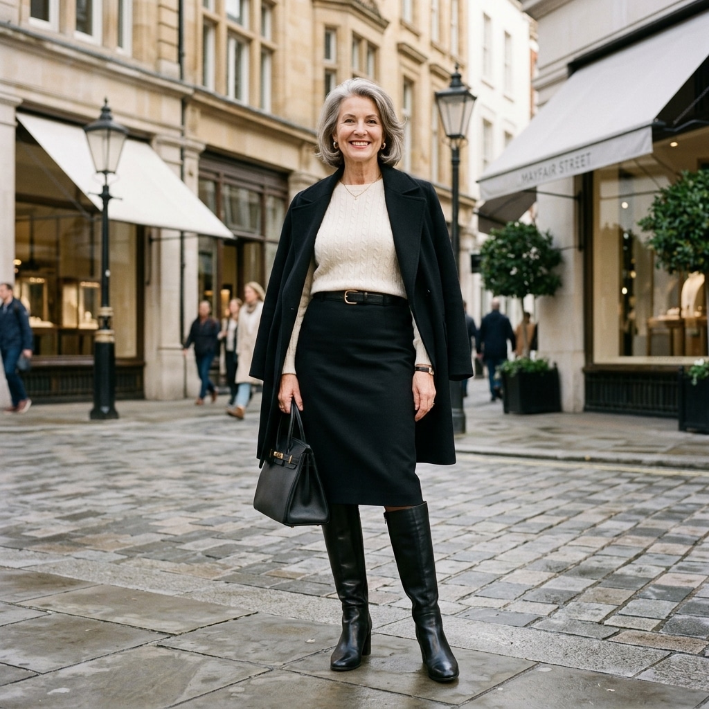 21. Black Pencil Skirt with Knee-High Boots