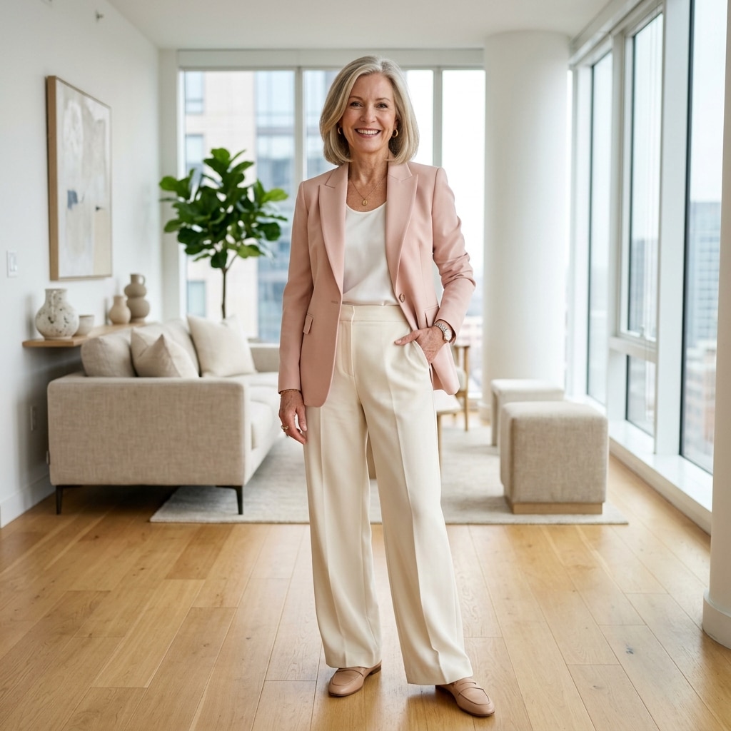 18. Soft Pink Blazer with Cream Pants
