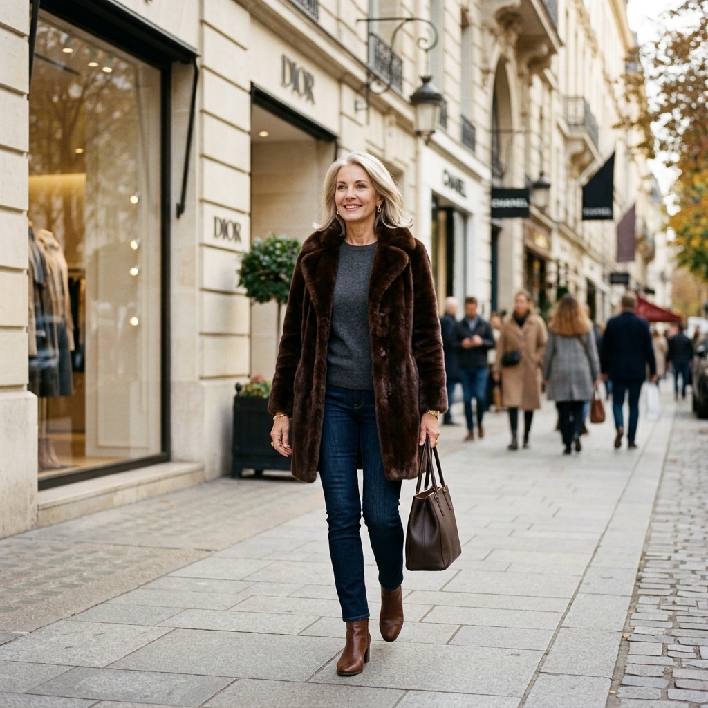 16. Faux Fur Coat with Slim Jeans