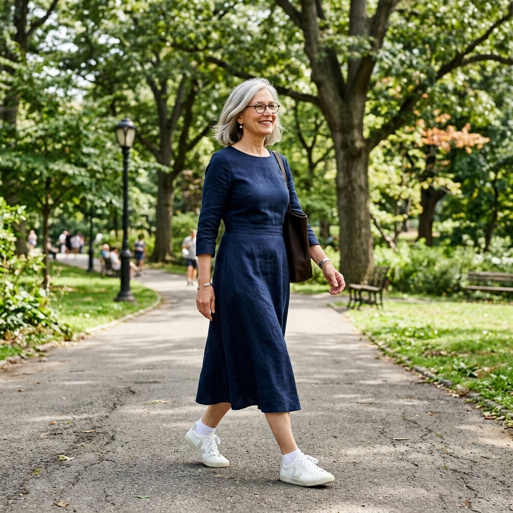 15. Navy Midi Dress with White Sneakers
