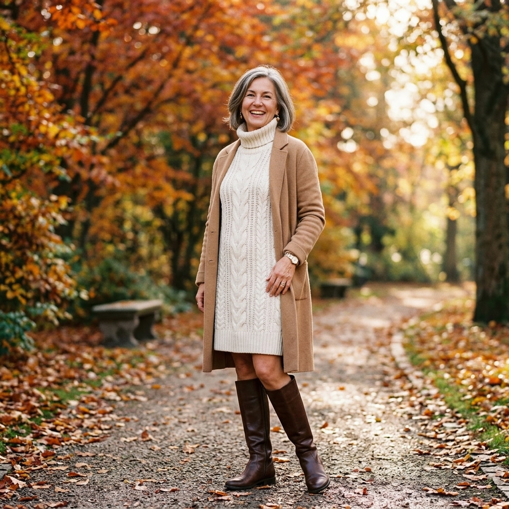 7. Cream Knit Dress with Tall Boots