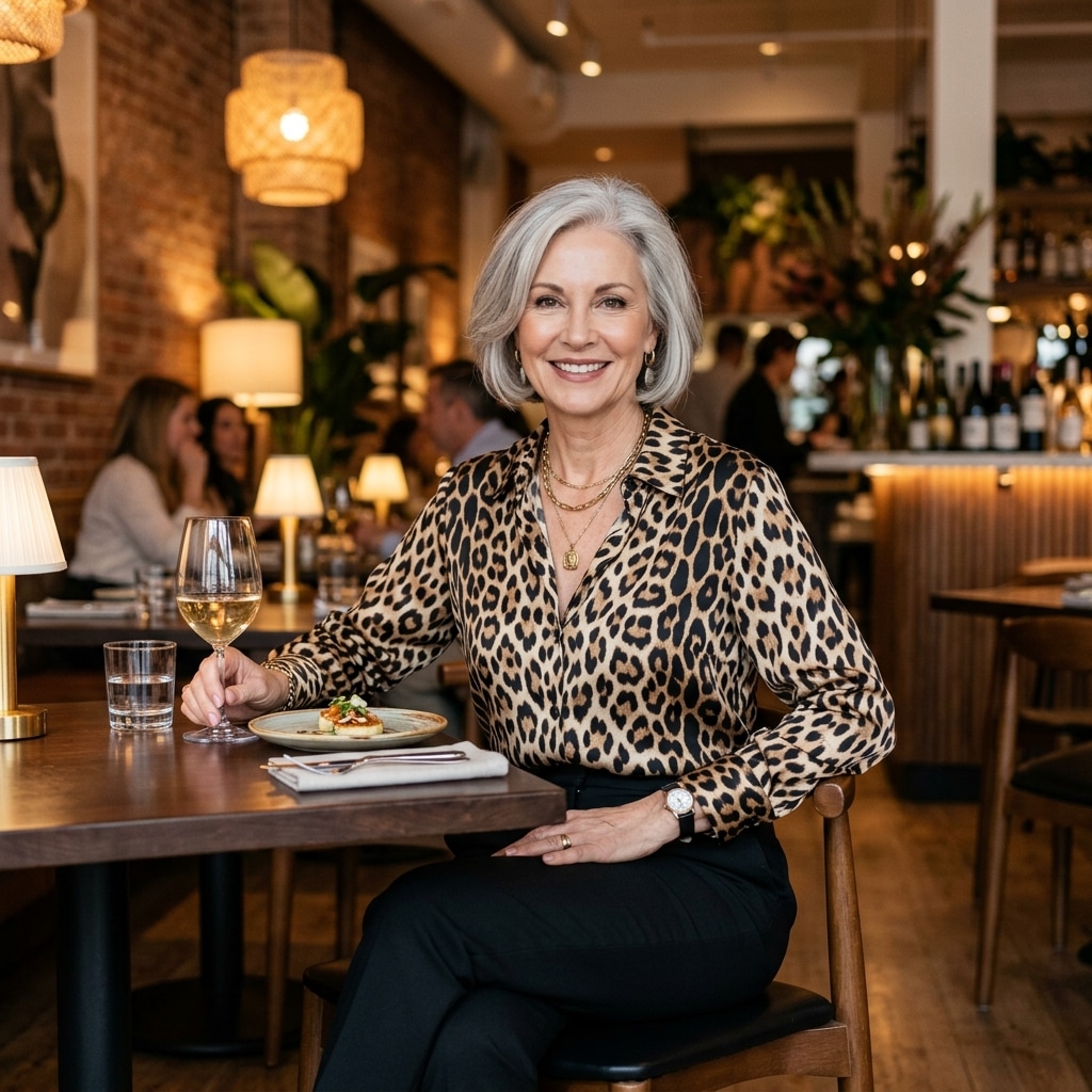 6. Animal Print Blouse with Black Trousers