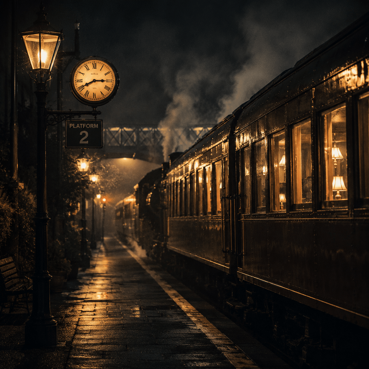 A night train winding through dark countryside