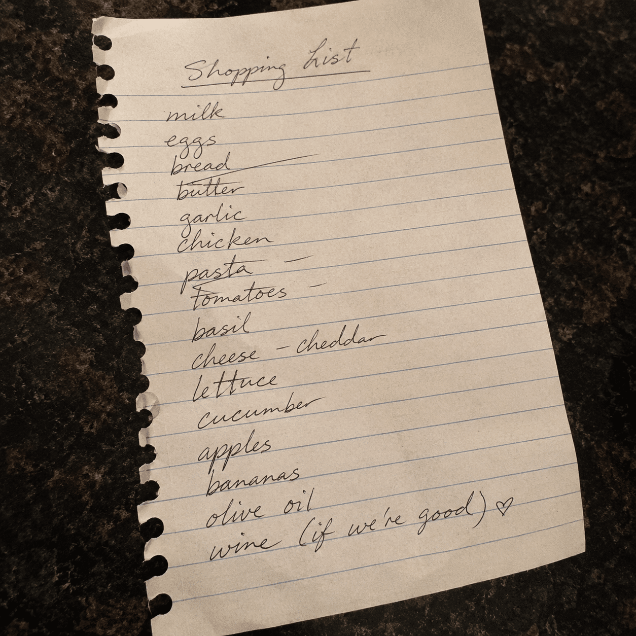 A handwritten shopping list